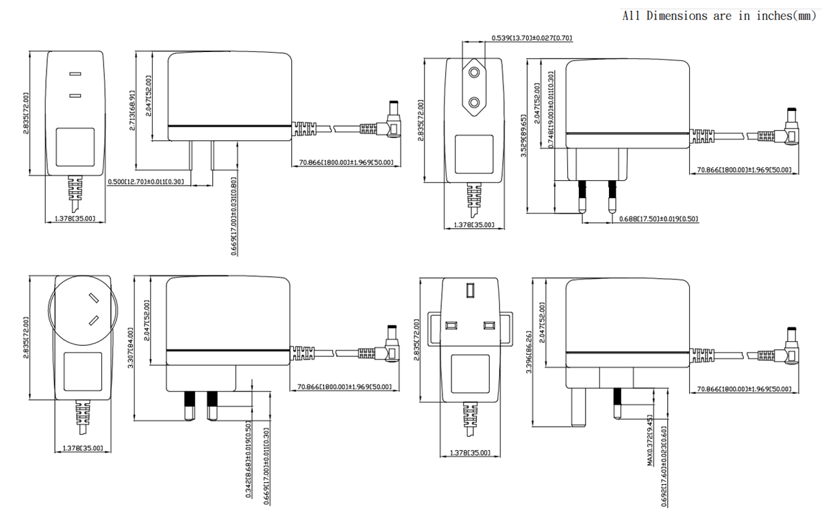 Mechanical Drawing - Cincon TRG15 15W Switching Adapters